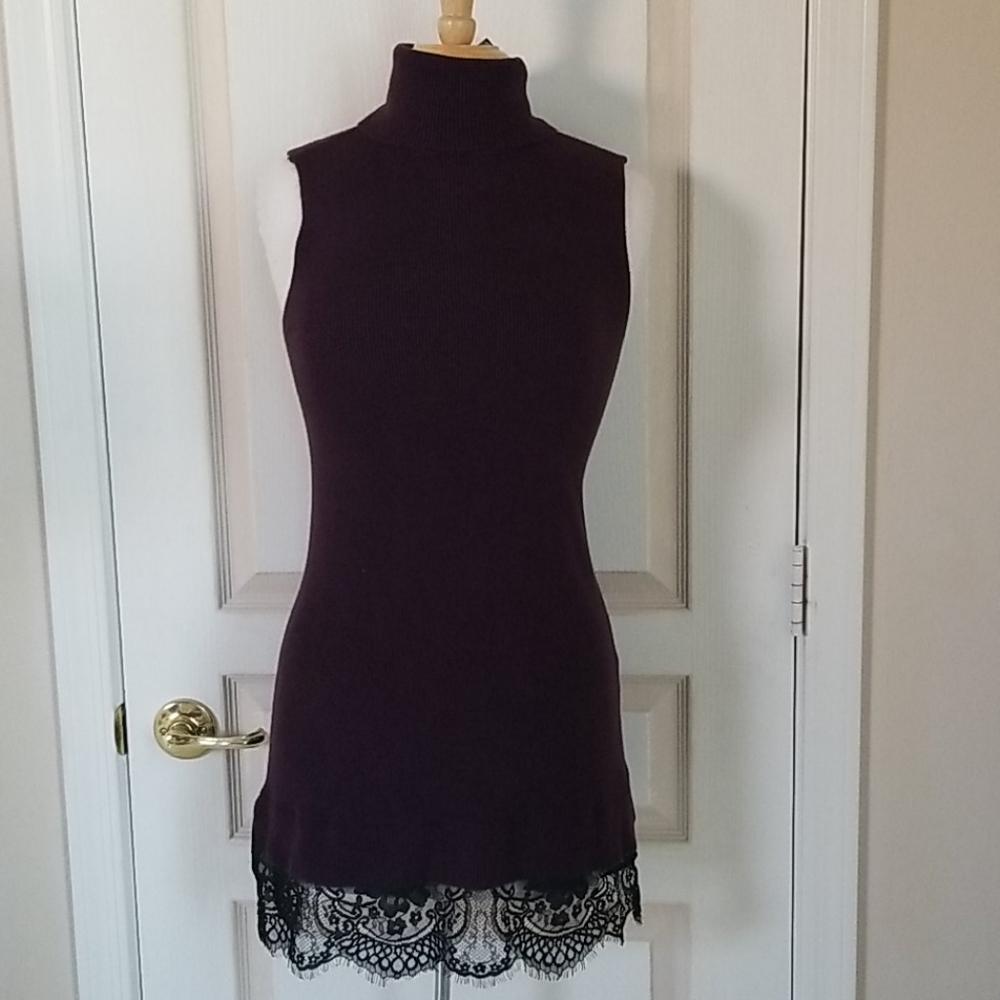 Apt. 9 Sleeveless Turtleneck Tunic in Dark Plum with Black Lace Trim